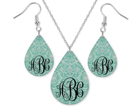 Teal Floral Monogrammed Teardrop Earrings and Necklace Set - Sew Lucky Embroidery