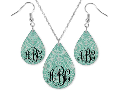 Teal Floral Monogrammed Teardrop Earrings and Necklace Set