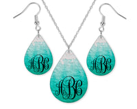 Teal Ombre Monogrammed Teardrop Earrings and Necklace Set - Sew Lucky Embroidery