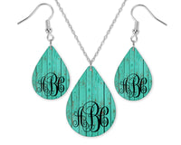 Teal Wood Monogrammed Teardrop Earrings and Necklace Set - Sew Lucky Embroidery