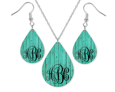 Teal Wood Monogrammed Teardrop Earrings and Necklace Set