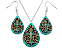 Turquoise Cross and Leopard Earrings and Necklace Set - Sew Lucky Embroidery