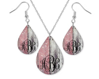 Two Tone Wood  Monogrammed Teardrop Earrings and Necklace Set - Sew Lucky Embroidery