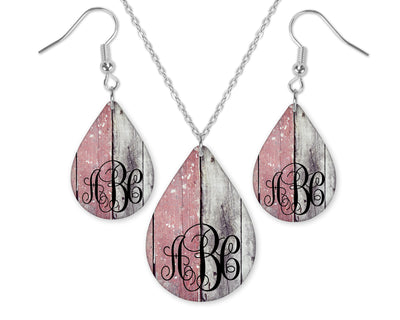 Two Tone Wood  Monogrammed Teardrop Earrings and Necklace Set