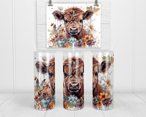 Watercolor Fall Highland Cow 20 oz insulated tumbler with lid and straw - Sew Lucky Embroidery