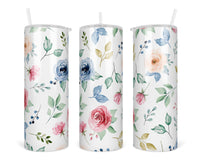 Watercolor Floral 20 oz insulated tumbler with lid and straw - Sew Lucky Embroidery