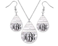 White Wood Monogrammed Teardrop Earrings and Necklace Set - Sew Lucky Embroidery