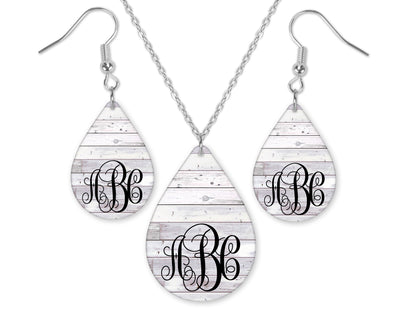 White Wood Monogrammed Teardrop Earrings and Necklace Set