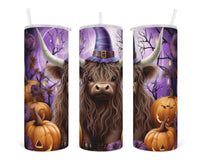 Witchy Highland Cow 20 oz insulated tumbler with lid and straw - Sew Lucky Embroidery