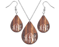 Wood Monogrammed Teardrop Earrings and Necklace Set - Sew Lucky Embroidery