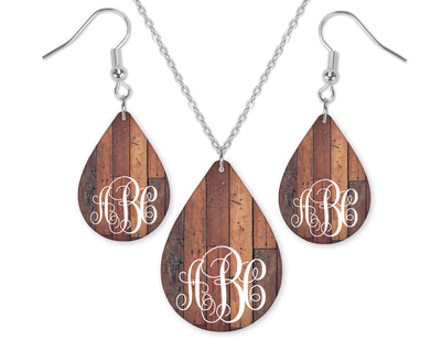 Wood Monogrammed Teardrop Earrings and Necklace Set