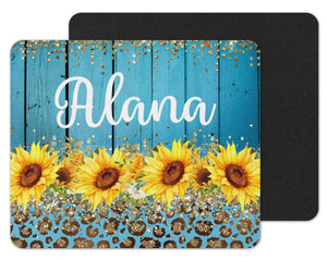 Wood Sunflowers and Glitter Leopard Personalized Mouse Pad - Sew Lucky Embroidery