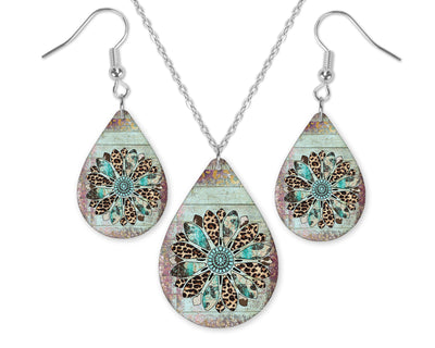 Wood Wash Leopard Flower Earrings and Necklace Set