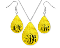 Yellow Monogrammed Teardrop Earrings and Necklace Set - Sew Lucky Embroidery