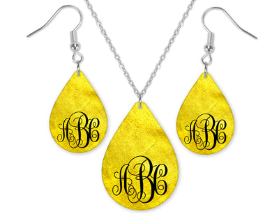 Yellow Monogrammed Teardrop Earrings and Necklace Set