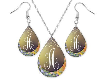 Yellow Bokeh Monogrammed Teardrop Earrings and Necklace Set
