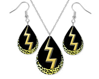 Yellow Cheetah with Lightning Bolt Teardrop Earrings and Necklace Set - Sew Lucky Embroidery