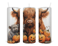 Adorable Highland Cows fall pumpkins 20 oz insulated tumbler with lid and straw - Sew Lucky Embroidery