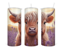 Adorable Lavender Highland Calf 20 oz insulated tumbler with lid and straw - Sew Lucky Embroidery