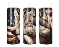 American Flag Wolf 20 oz insulated tumbler with lid and straw - Sew Lucky Embroidery