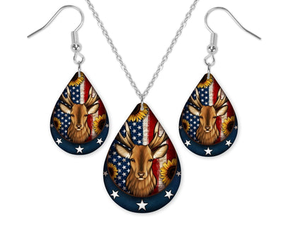 American Sunflower Deer Teardrop Earrings and Necklace Set