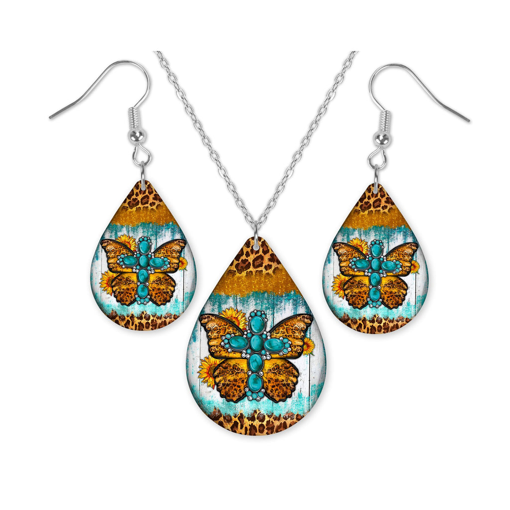 Rhinestone Butterfly Teardrop Earrings and Necklace Set - Sew Lucky Embroidery