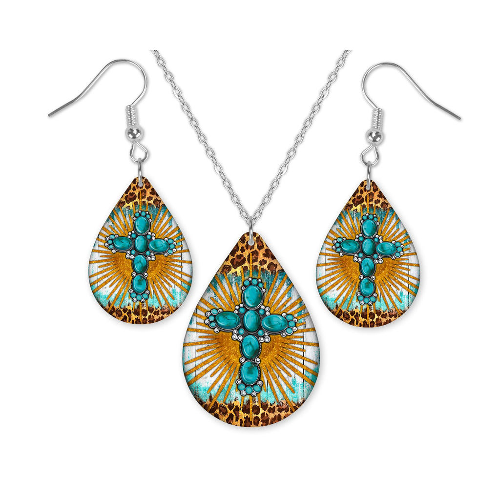 Rhinestone Cross with Leopard Print Teardrop Earrings and Necklace Set - Sew Lucky Embroidery