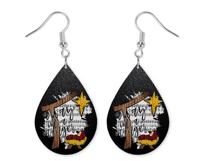 Away in a Manger Handmade Wood Teardrop Christmas Earrings