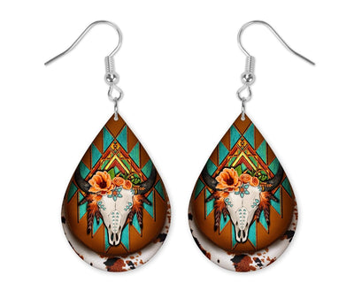 Aztec Bull Skull Wood Earrings