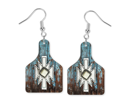 Aztec Wood Cow Tag Earrings