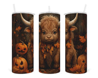 Baby Highland Cow and Pumpkins 20 oz insulated tumbler with lid and straw - Sew Lucky Embroidery