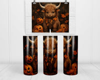 Baby Highland Cow and Pumpkins 20 oz insulated tumbler with lid and straw - Sew Lucky Embroidery