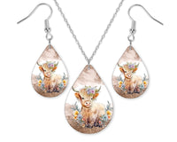 Baby Highland Cow Earrings and Necklace Set - Sew Lucky Embroidery