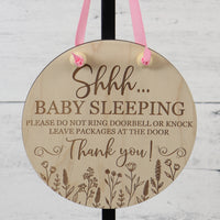 Shhhh Baby Sleeping Door Hanger for Boy or Girl with Pink or Blue Ribbon - Sew Lucky Embroidery