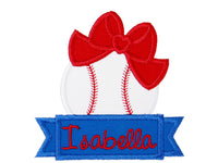 Baseball with Bow Name Banner Sew on or Iron on Patch - Sew Lucky Embroidery