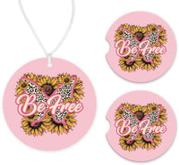 Be Free Car Charm and set of 2 Sandstone Car Coasters - Sew Lucky Embroidery