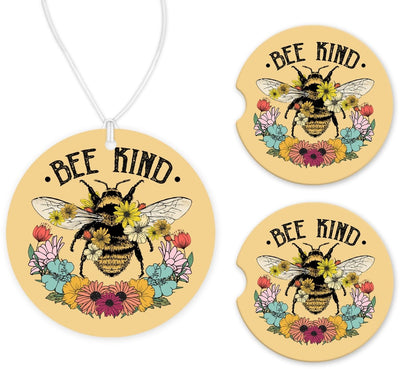 Bee Kind Car Charm and set of 2 Sandstone Car Coasters