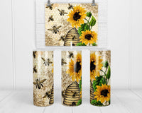 Beehive Sunflowers 20 oz insulated tumbler with lid and straw - Sew Lucky Embroidery