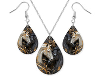 Black and White Horse Earrings and Necklace Set - Sew Lucky Embroidery