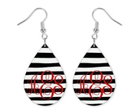 Black and White Stripes Monogrammed Teardrop Earrings