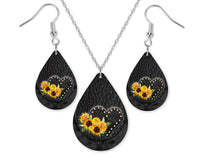 Black Heart and Sunflowers Teardrop Earrings and Necklace Set - Sew Lucky Embroidery