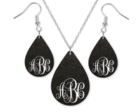 Black Leather Design Monogrammed Teardrop Earrings and Necklace Set - Sew Lucky Embroidery