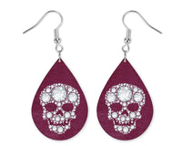 Maroon Diamond Skull Teardrop Earrings