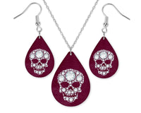 Black or Maroon Diamond Skull Teardrop Earrings and Necklace Set - Sew Lucky Embroidery