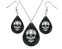 Black or Maroon Diamond Skull Teardrop Earrings and Necklace Set - Sew Lucky Embroidery