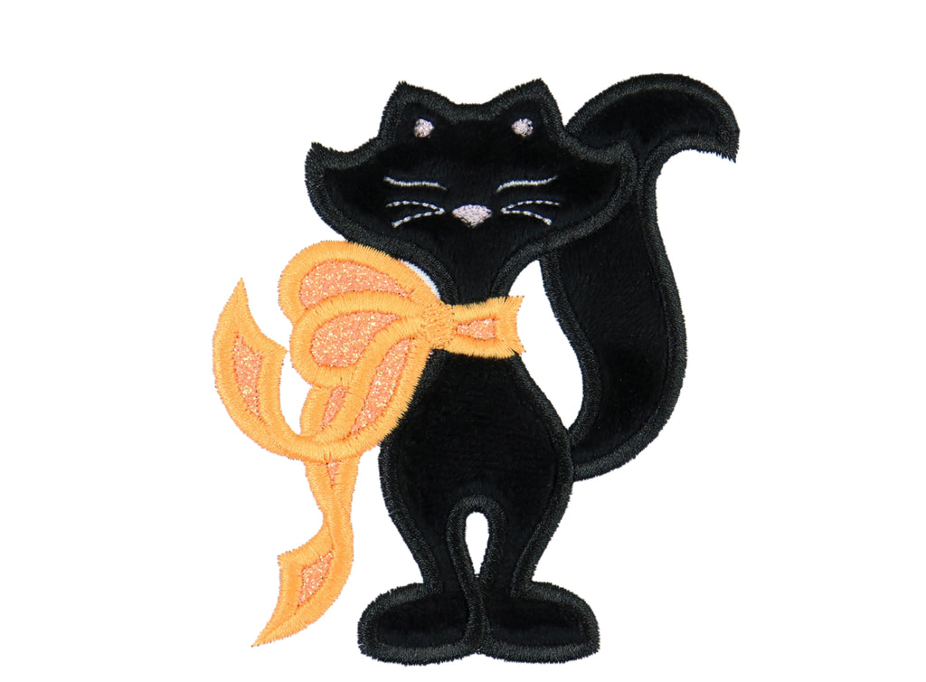 Black Halloween Cat with Orange Ribbon Sew or Iron on Patch - Sew Lucky Embroidery
