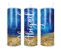 Blue and Gold Glitter Personalized 20 oz insulated tumbler - Sew Lucky Embroidery