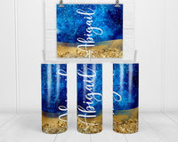 Blue and Gold Glitter Personalized 20 oz insulated tumbler - Sew Lucky Embroidery