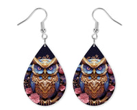 Blue and Gold Owl Earrings and Necklace Set - Sew Lucky Embroidery