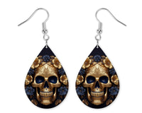 Blue and Gold Skull Earrings and Necklace Set - Sew Lucky Embroidery